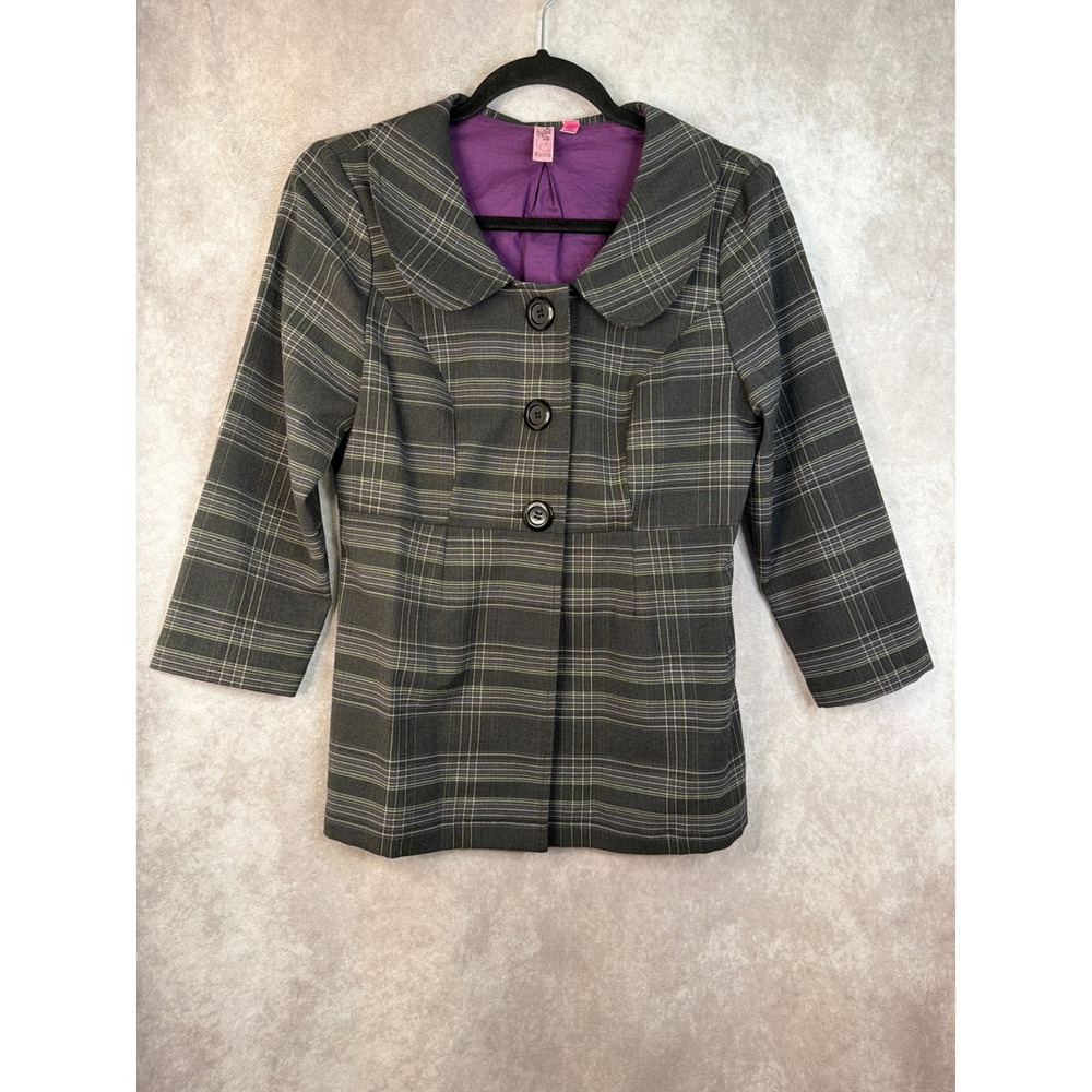Y2K Dolled Up by FANG Plaid‎ Button Front Blazer Jacket Rounded Collar Women Med